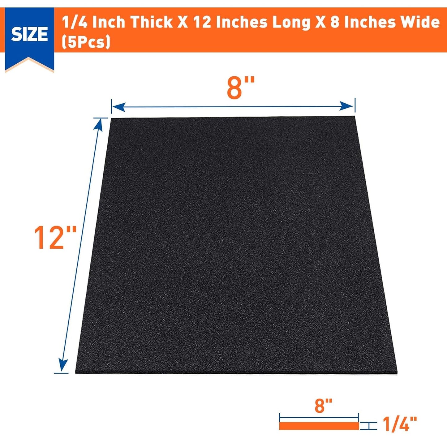MAGZO 5Pcs Adhesive Foam Padding 1/4 in Thick X 12 in X 8 in,Closed Cell Foam Sheets Neoprene Rubber Self Stick Pads Anti Vibration Pads,Black (12in x 8in x 1/4in, 5Pcs)