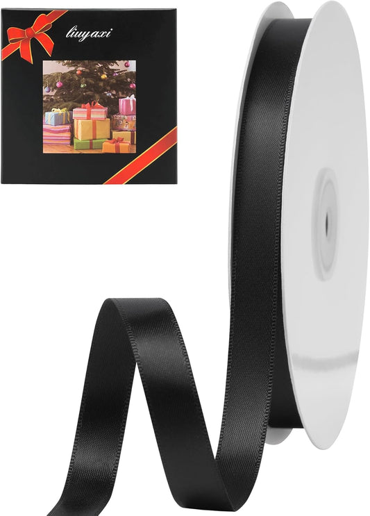 LIUYAXI Black Stain Ribbon, 5/8" X Continuous 50 Yards, Double Faced Fabric Ribbon Perfect for Gift Wrapping Wedding Birthday Party Christmas Hair Floral Craft Baby Shower