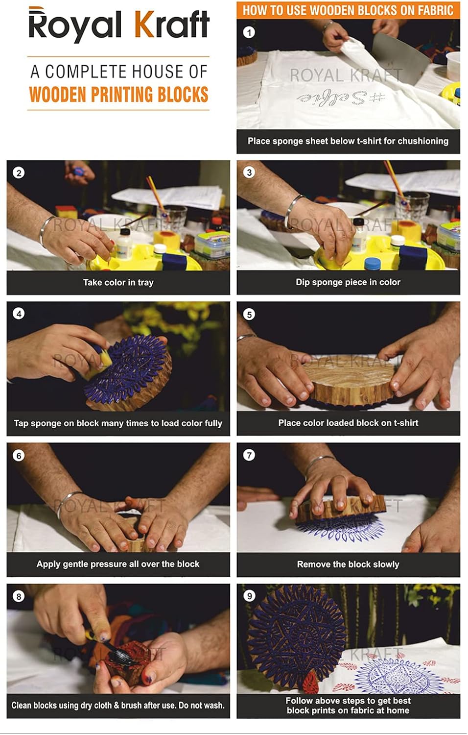 Royal Kraft Wooden Stamps for Block Printing on Saree Border, Textile, Clay, Pottery, Tattoo (Set of 10) MXtag0002