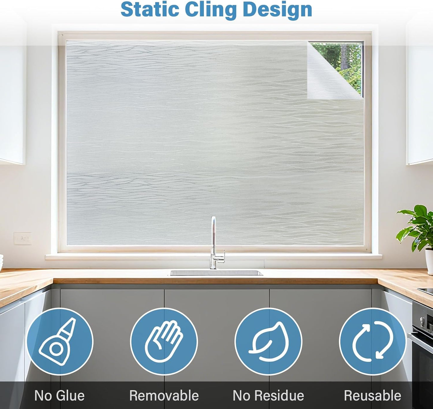 Finnez Frosted Privacy Window Film Static Cling, Non-Adhesive Decorative Cover for Glass Door & Windows, No Glue Removable Clings UV Blocking Waves Design for Home Office 45.2 x 157.4 Inches