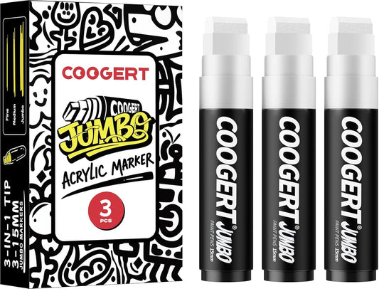 3Pcs White Jumbo Poster Markers, 15MM Thick Permanent Acrylic Graffiti Markers, Wide Tip Paint Marker for Canvas, Posters Board, Fabric, Window, Glass, Wood, Teachers,Banner painting supplies