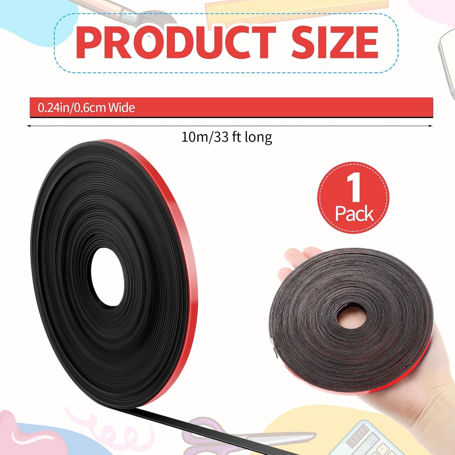 Magnetic Tape Roll Thin Strips, 1/4 Inch x 33 Feet Magnetic Board Dividers Whiteboard Graphic Decorative Tape Marking Line for Classroom Office Art Accessories(Red)