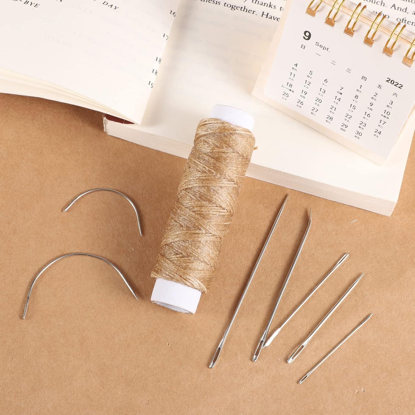 55Yards Waxed Thread with 7 Pcs Leather Needles for Hand Sewing 150D Flat Sewing Waxed Thread Leather Repair Needles for Sewing Upholstery Leather Canvas Bags Sofa Furniture(Khaki)