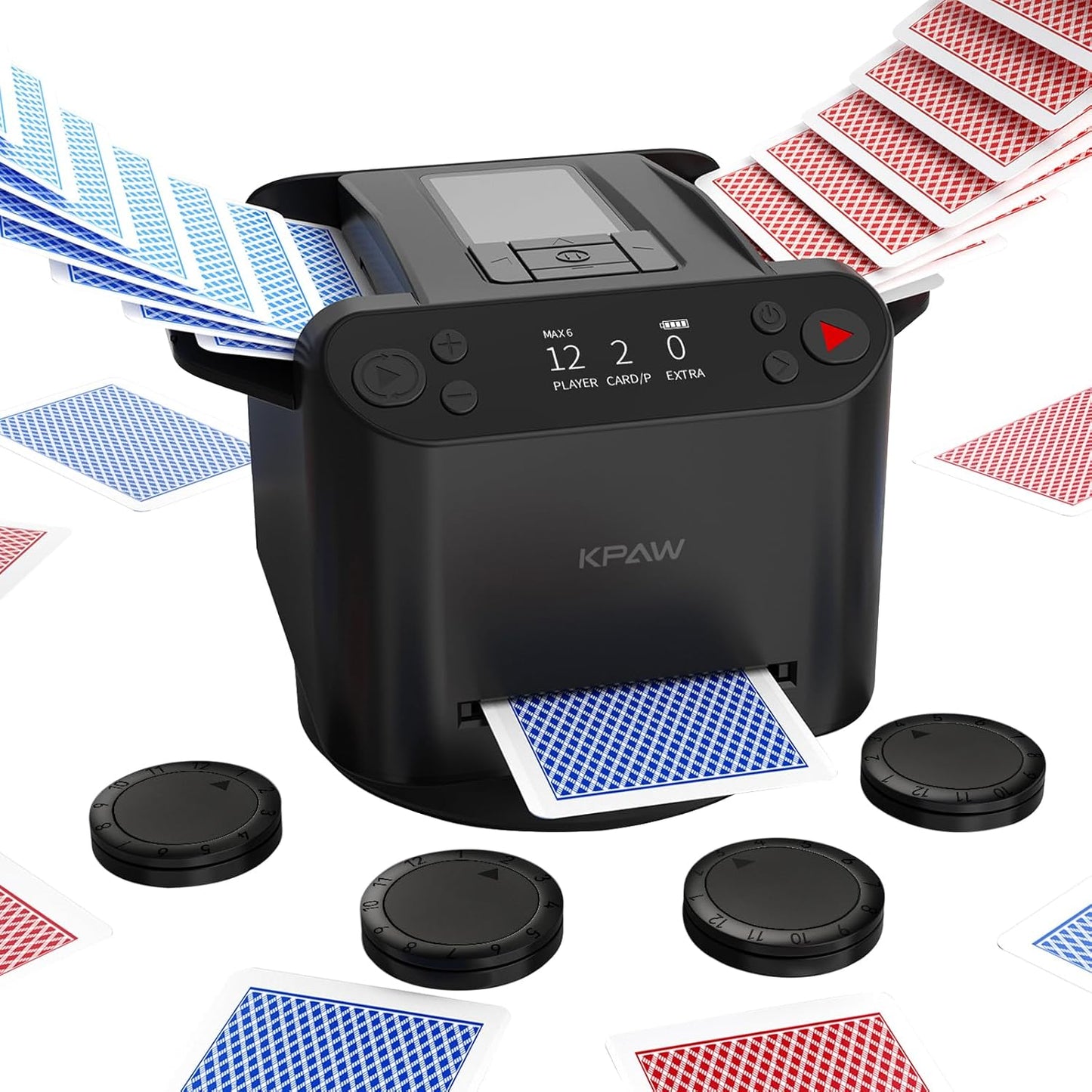 Automatic Card Shuffler and Dealer - 1-2 Decks Support 12 Players, 4 Drawing Remotes, Built-in Gameplays, 360°/180° Deal, for Poker, UNO, Phase 10, Skip-Bo, Rummy (Black)