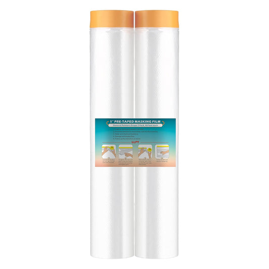 LLPT Tape and Drape 157.5”(Unfolded) x 66 Ft Each 2 Pack Pre-Taped Masking Film 0.27 Mil Painters Plastic Drop Cloth for Auto Wall Furniture Painting Protection (MFT4002)