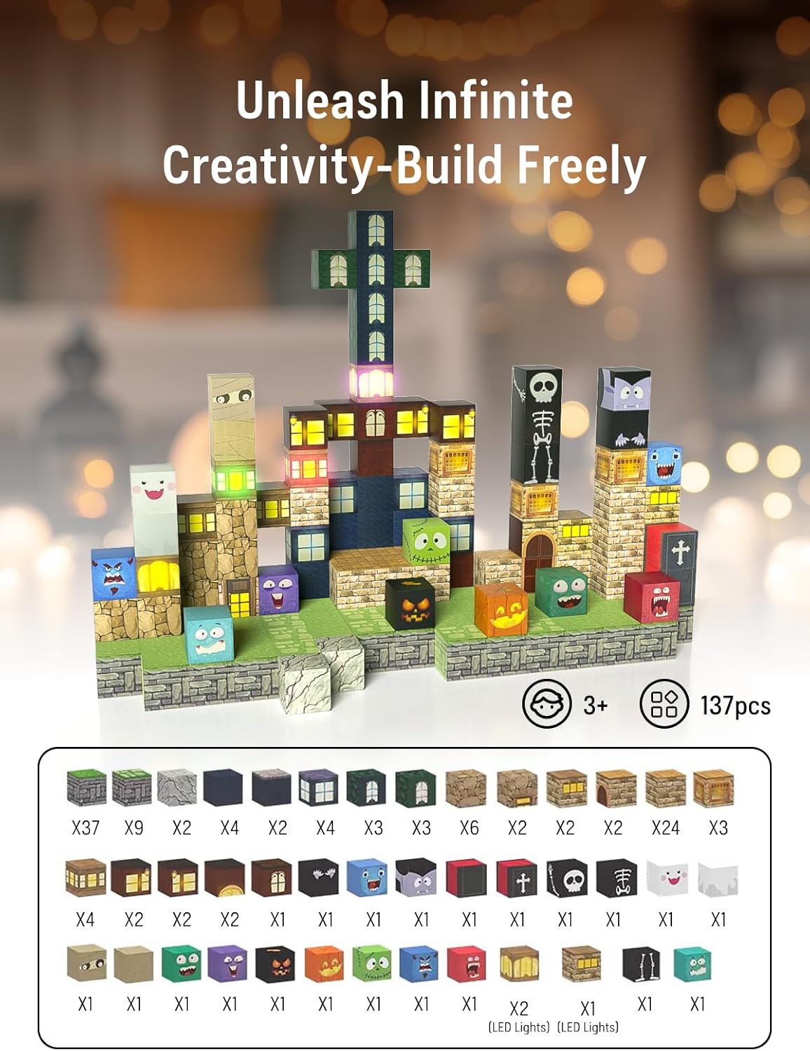 Magnetic Blocks -137PCS Lights Halloween Building Blocks,World Magnetic Tiles Kids Build Cubes 3+,STEM Toys for 3-5 4-8 5-7 Year Old Boys,Sensory Creative Activities Birthday Gift