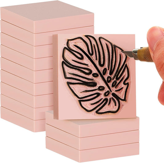 Frienda 12 Pcs 2" X 2" Rubber Carving Blocks Linoleum Blocks for Printmaking, Stamp Making, DIY Crafting, Scrapbook, Painting, Soft and Easy to Carve (Pink)