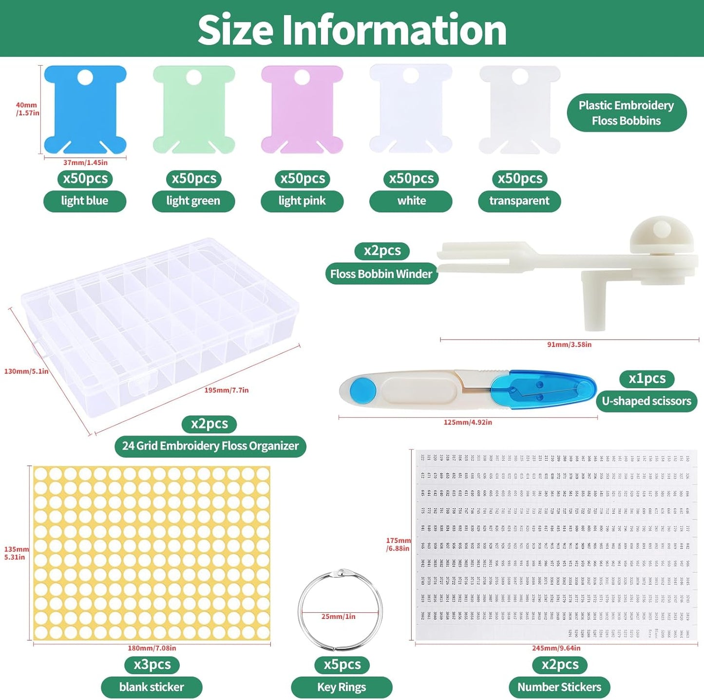 Yuahar 265Pcs Embroidery Floss Organizer Kit, 2 Removable 24-Grid Thread Storage Boxes with 250 Plastic Bobbins, 2 Bobbin Winders and Stickers for DIY Cross Stitch Needlework Thread Sewing