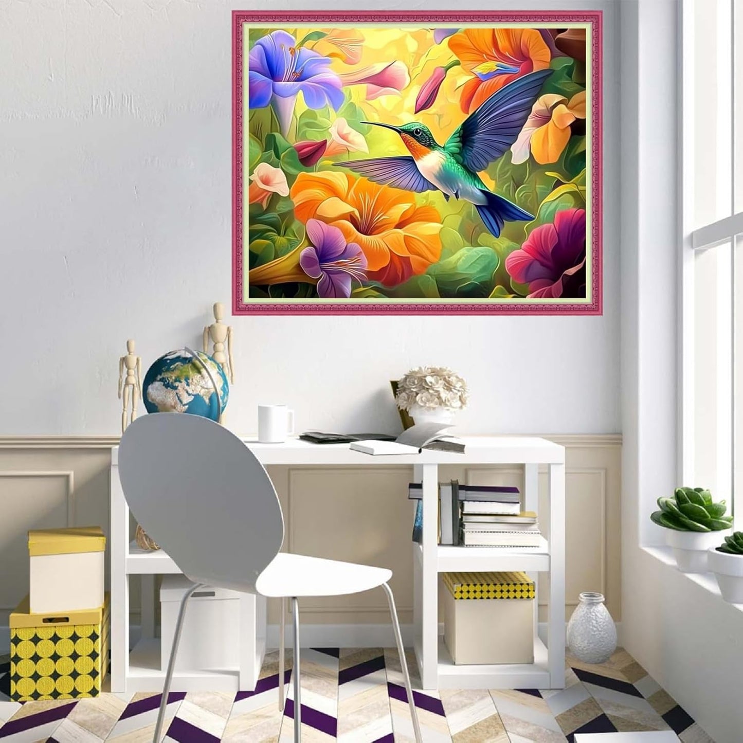 Disnesart Cross Stitch Stamped Full Embroidery Kits DIY 11CT Cotton Thread Printed DIY Needlepoint Kits Craft Needlework Set Cross-Stitch Stamped Sets-Colorful Flower Hummingbird 16x20 inch