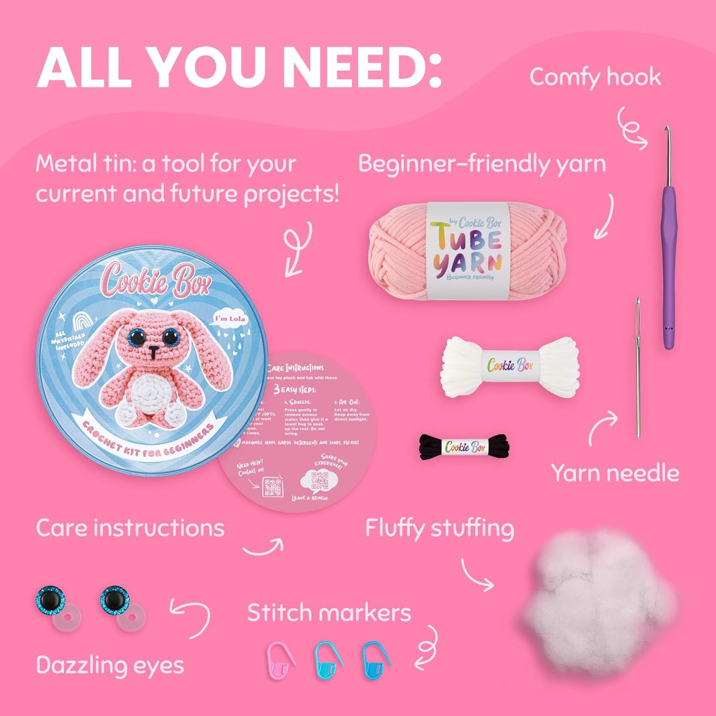 Cookie Box Crochet Kit for Beginners – Gift Set to Make Bunny Lola Amigurumi Plushie – Easy DIY Crochet & Knitting Starter Kit with Video and PDF Tutorials