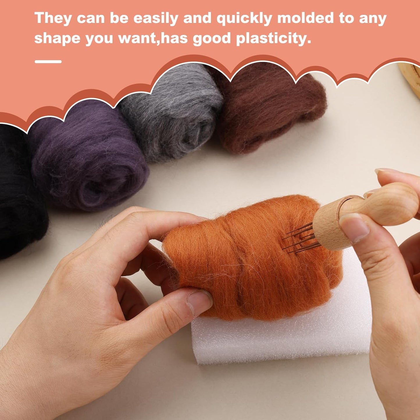 Wonvoc Needle Felting Wool 2.82 OZ (80 g), 8 Colors Wool Roving, Felting Wool Bulk, Wool Roving for Needle Felting, for DIY Craft Materials, White, Black, Brown