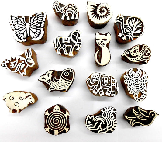 CraftsofIndia® Animals and Birds Wooden Blocks for Stamping, Block Printing on Textiles, Pottery Crafts,Henna, Scrapbooking, Wall Painting (Set of 15)