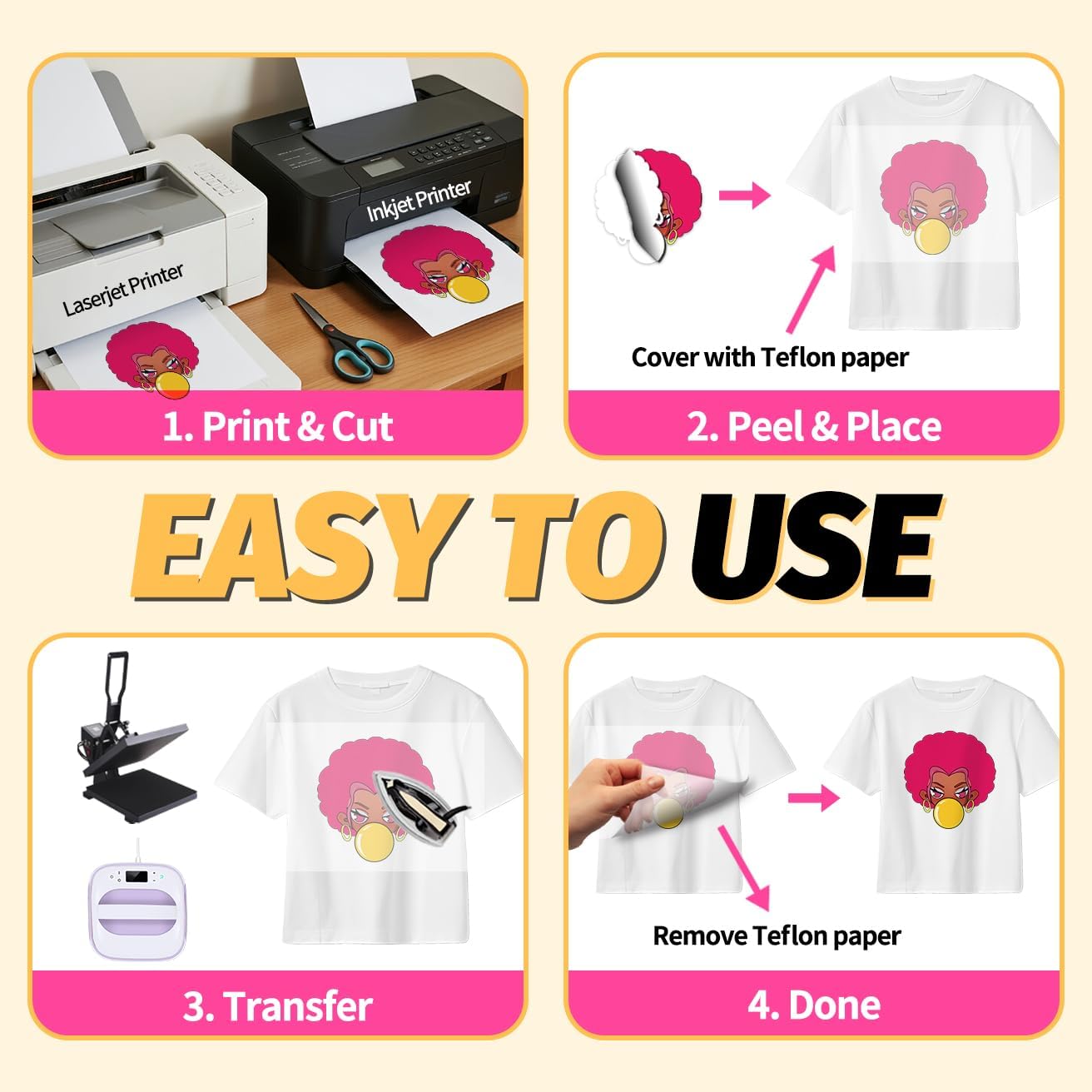 Lovein Pinkie Iron on Heat Transfer Paper for T Shirts (10 Sheets, 8.5x11'', Light Plus) Printable Heat Transfer Vinyl for Laserjet & Inkjet Printer Iron on Transfers Paper for Light Fabric (PK-L3-10)