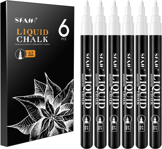 SFAIH Chalk Markers for Blackboard - White 6 Pack 0.7mm Fine Tip, Wet Erase Liquid Chalk Marker for Blackboard, Menu, Bistro, Signs, Windows, Glass, Food Labels, Dust-Free, Non Toxic