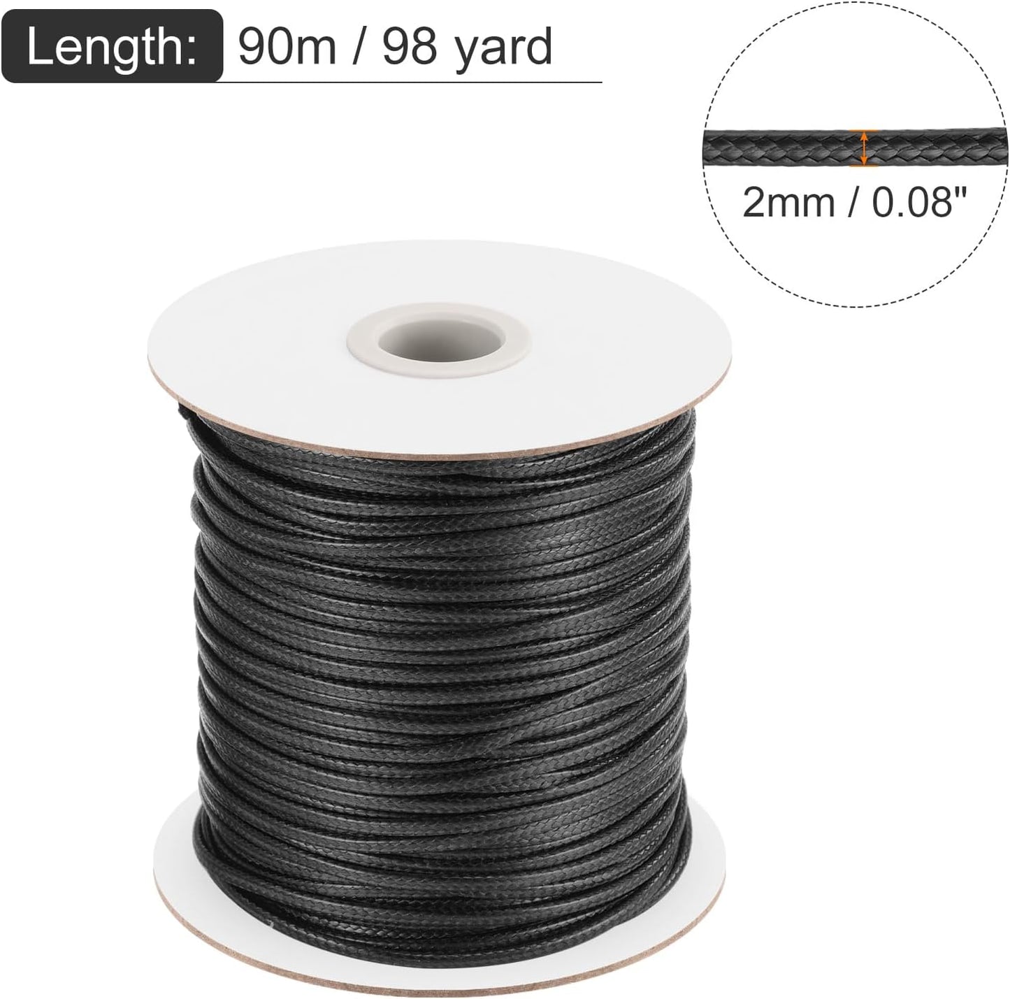 MECCANIXITY Waxed Cord 2mm Waxed Polyester Cord 98 Yard Wax String for Bracelet Making, Necklaces, Beading, Jewelry Making and DIY Crafts(Black)