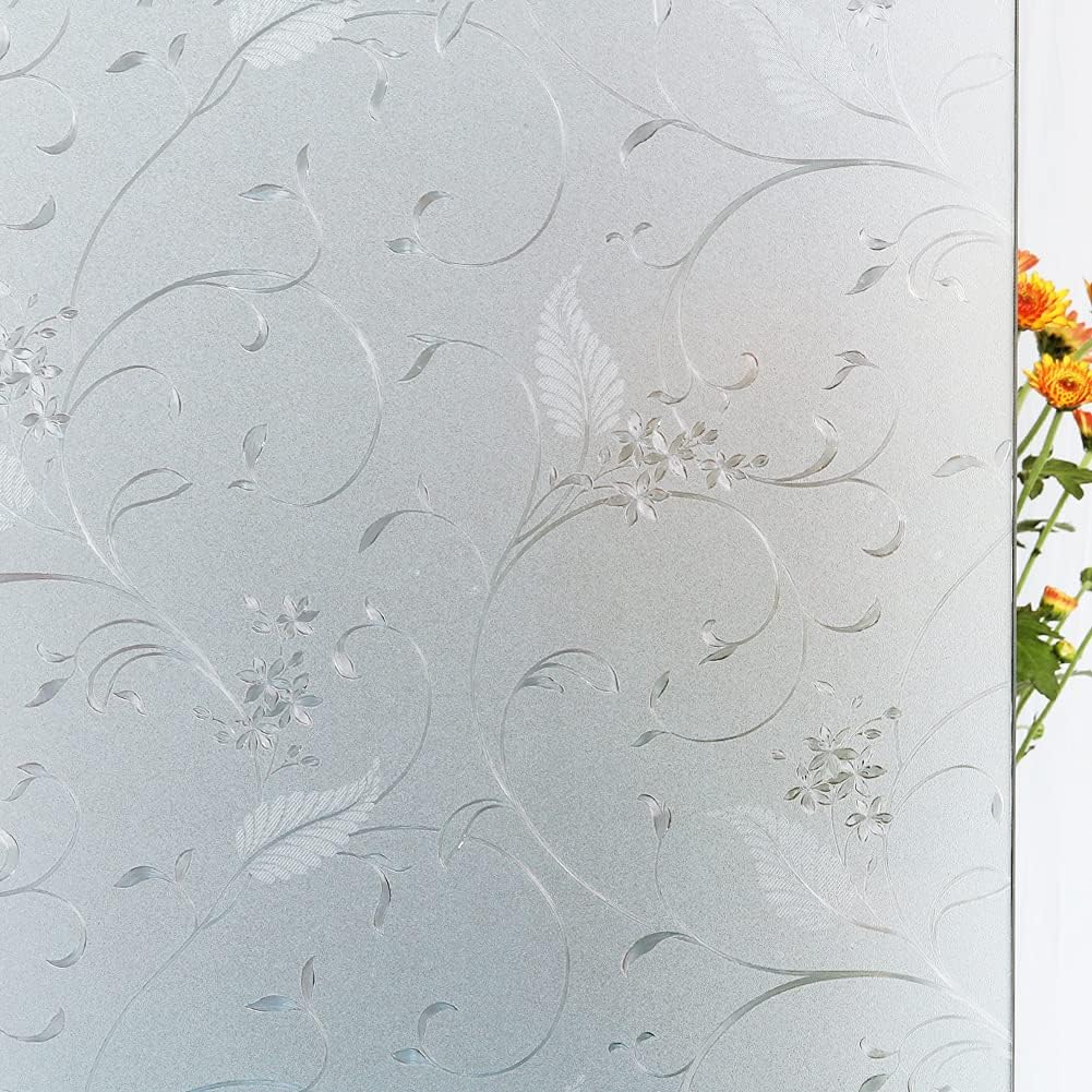 Mikomer Privacy Window Film Etched Flowers Static Cling Glass Door Film, Non Adhesive Heat Control Anti UV Window Cling for Office and Home Decoration,23.6 inches by 78.7 inches