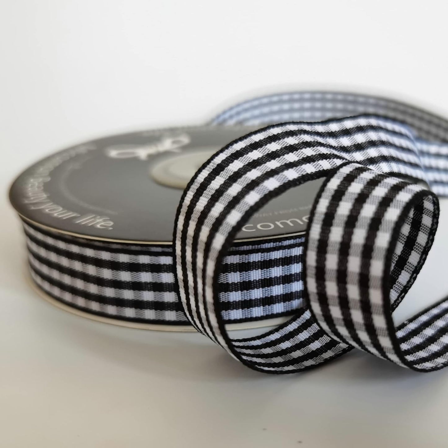 Black and White Wovon Edge Gingham Ribbon 25 Yard Each Roll 100% Polyester (5/8", Black)