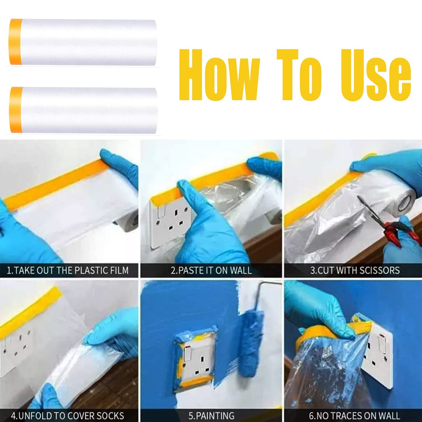 Painters Plastic With Tape, Pre-Taped Masking Film, 10 Rolls Automotive Best Tape and Drape, Paint Adhesive Protective Film Roll for Covering Skirting, Frames, Cars and Auto Body (5 X 65-Feet) (10)