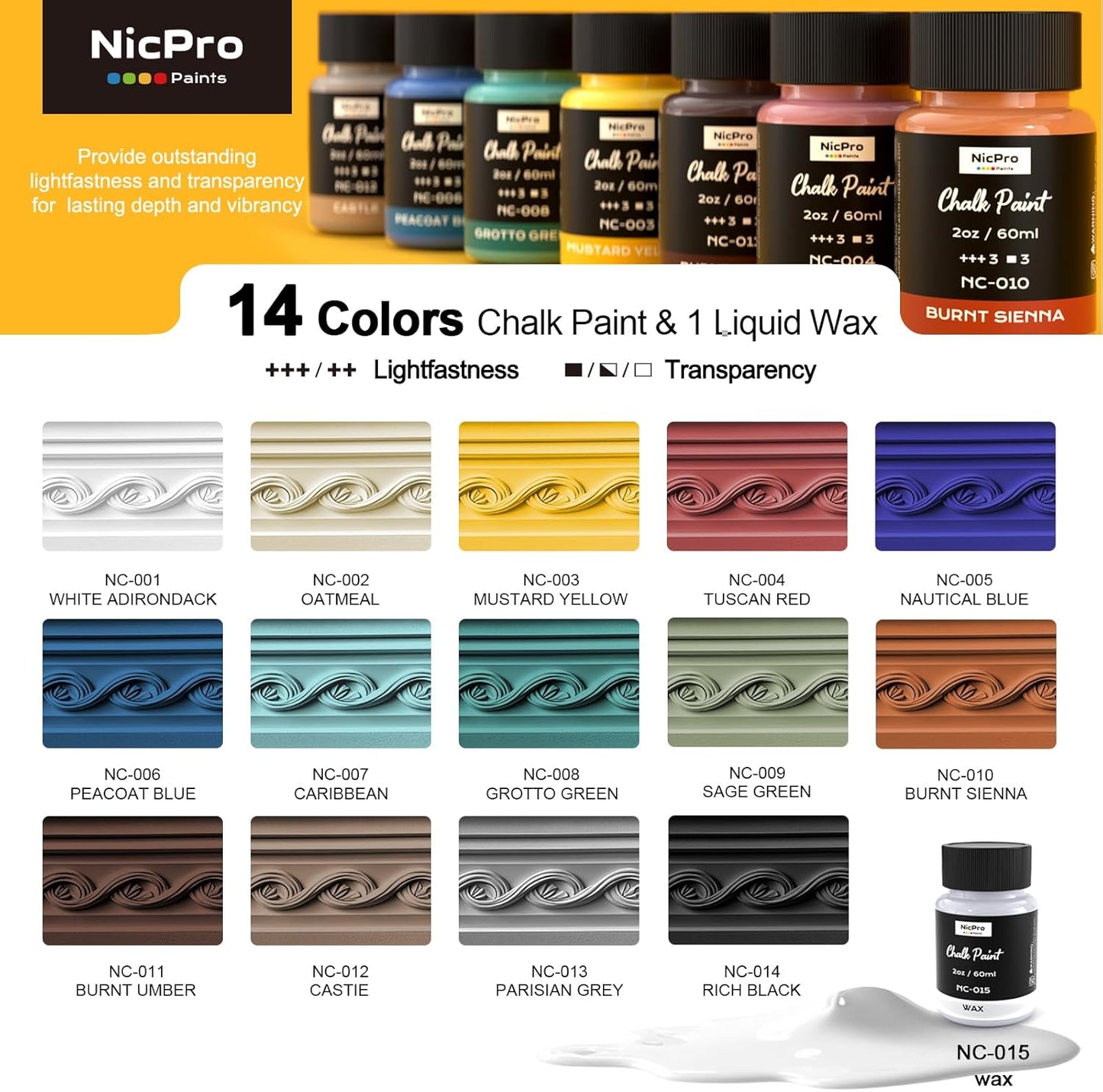 Nicpro 14 Colors Chalk Paint for Furniture, 2 fl oz (60ml) Ultra Matte Finish Acrylic Craft Paint, Non-Toxic Chalk Furniture Paints for Wood, Metal, Cabinets, Home Decor with Liquid Wax, Color Wheel