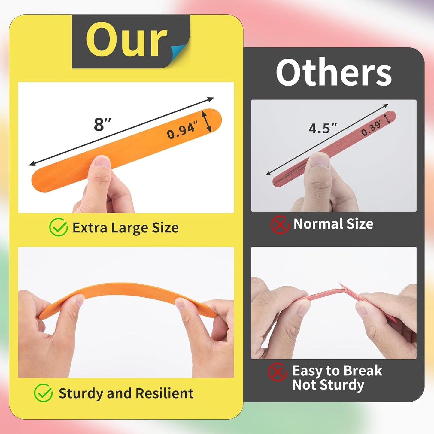 WISYOK 90Pcs 8 Inch Colorful Jumbo Craft Sticks, Large Popsicle Sticks, WaxingSticks, Rainbow Wooden Popsicle Sticks, Paint Stir Sticks Great for DIY Crafts, Plant Labels, and Educational Tools