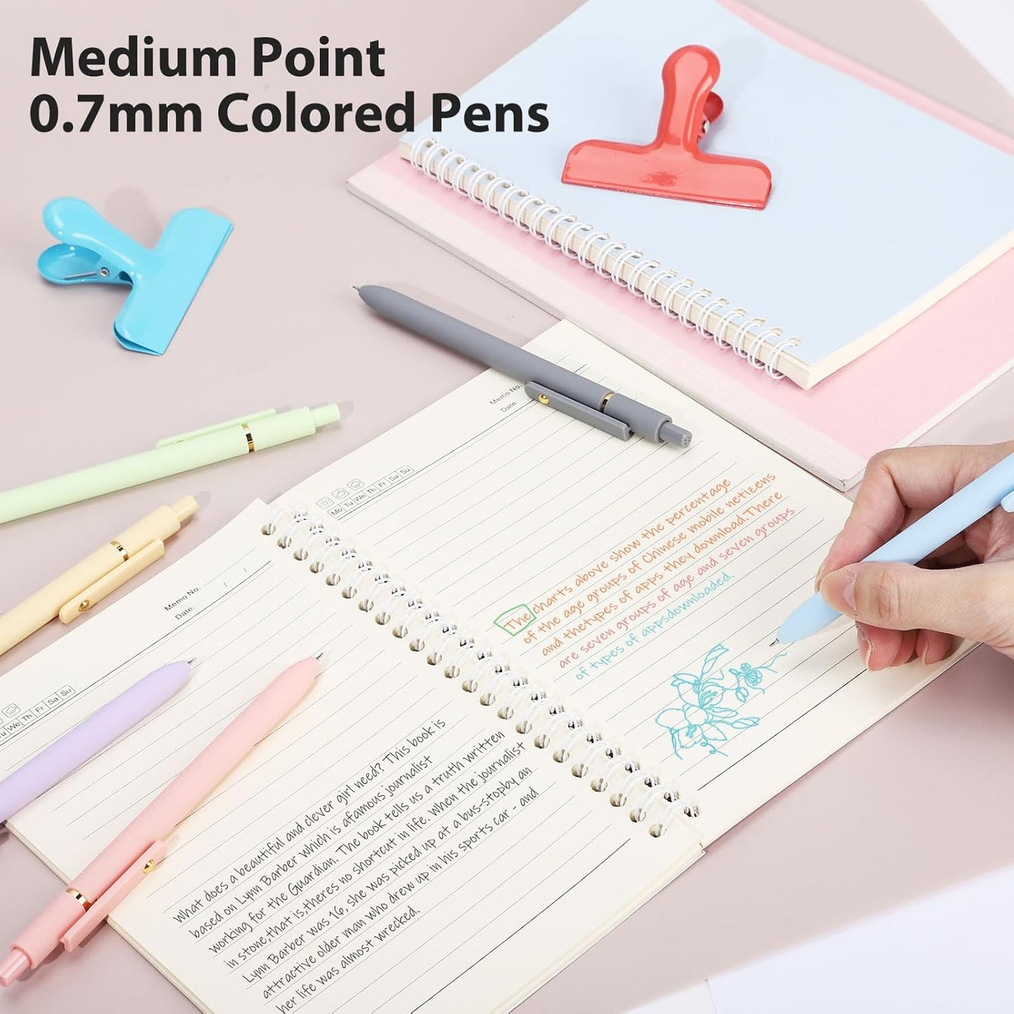 FIOVER Colored Pens, 12 Pack Colorful Gel Pens, Quick-Dry 0.7mm Medium Point for Journaling, Note Taking, Doodling, Aesthetic Office School Supplies, Gifts for Women Men