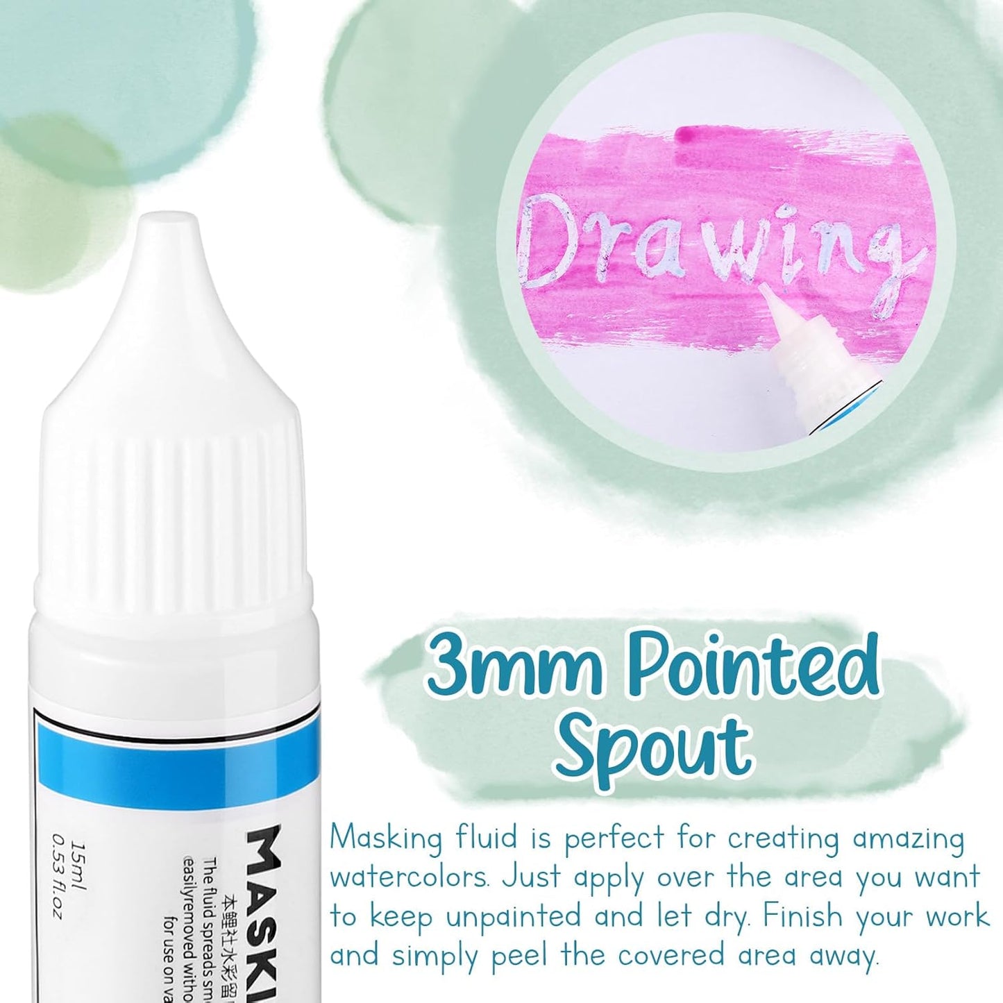 2 Pcs Masking Fluid for Watercolor Painting, 15ml Capacity Bottle with 3mm Applicator Nozzle, Masking Fluid Pen for Various Art Projects Watercolor Ink (White)