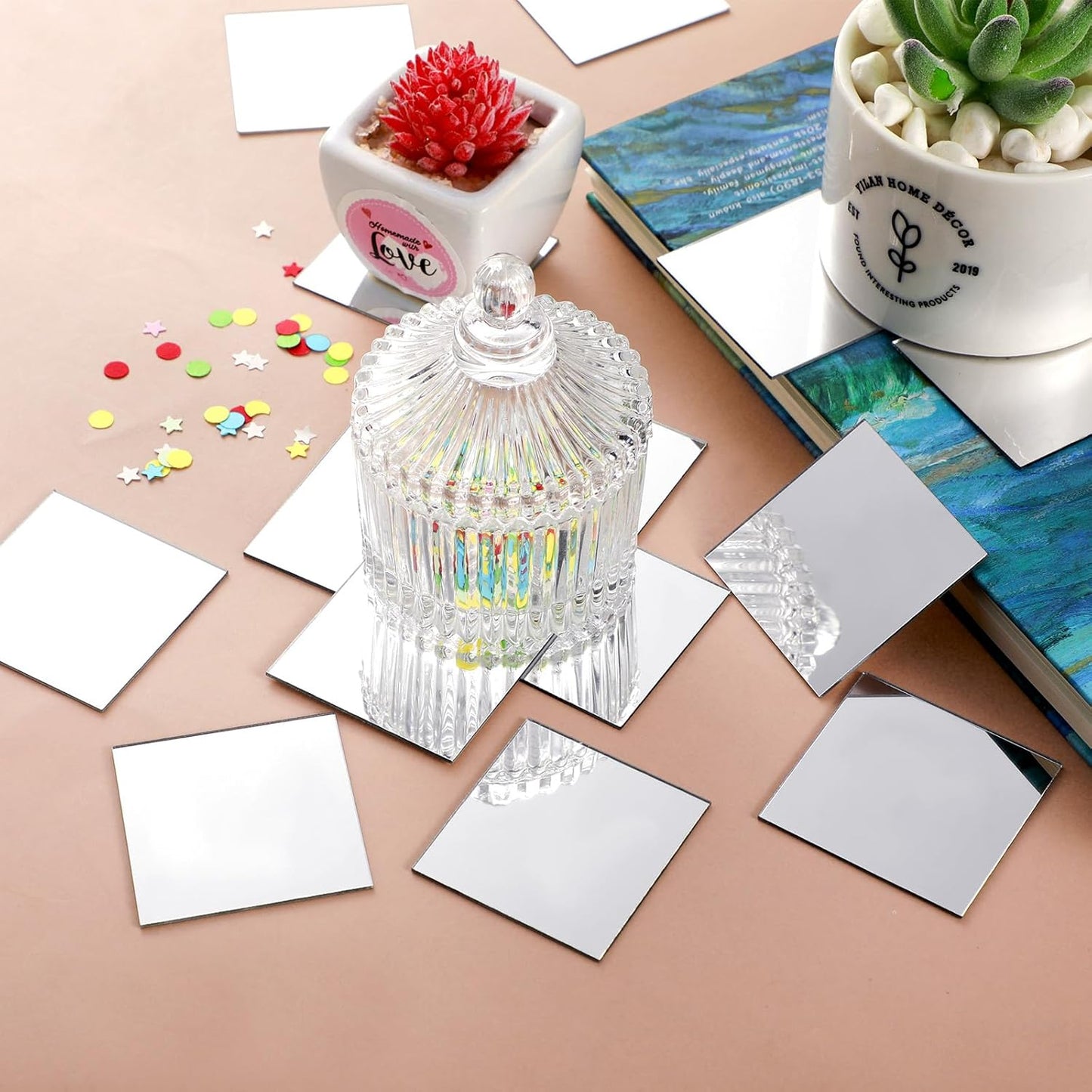 Jetec Mini Size Acrylic Square Mirror Adhesive Small Square Mirror Tiles for Crafts and DIY Projects Supplies(50 Pcs,4 Inches)