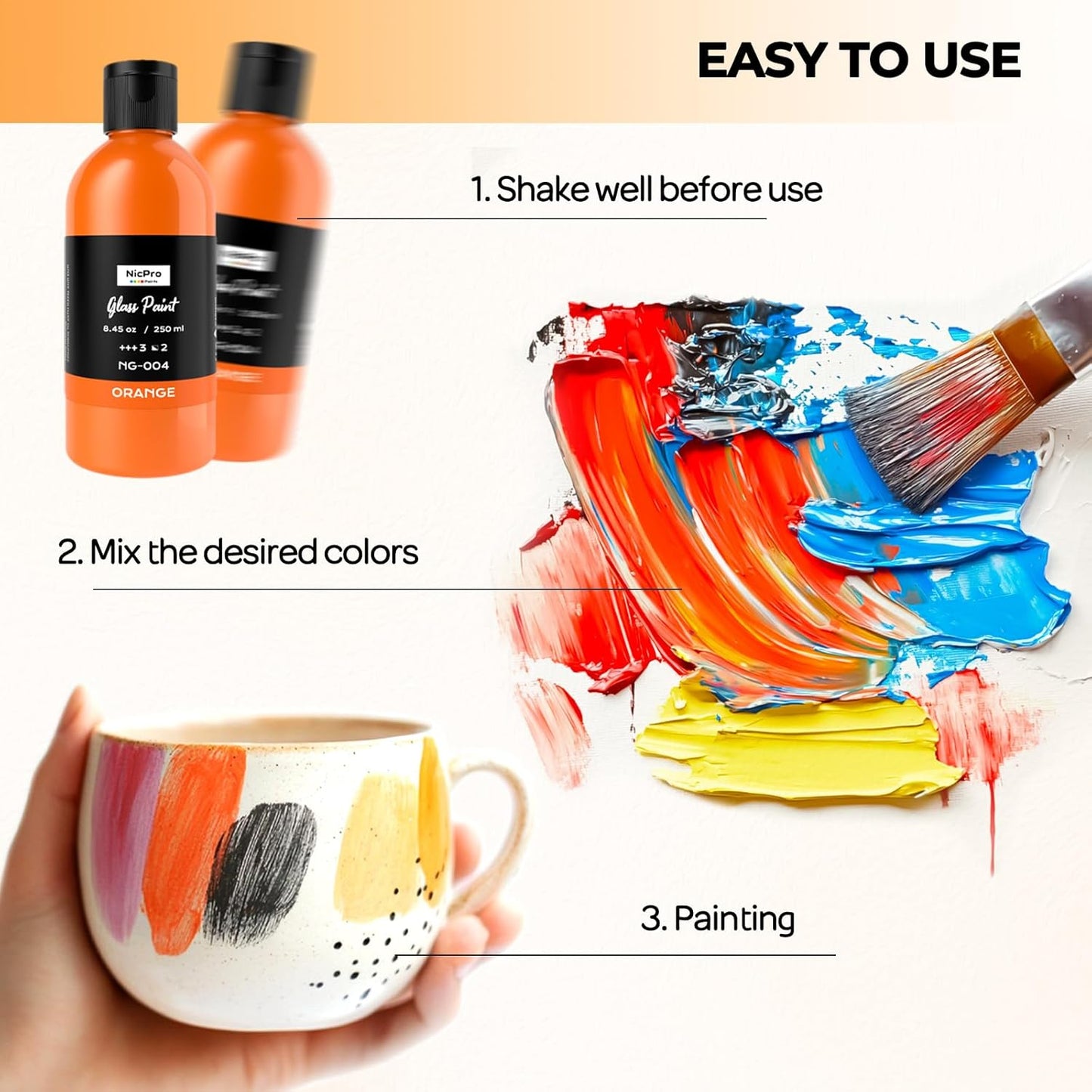 Nicpro 18 Colors Acrylic Glass Paint Set (8.45 oz, 250 ml) Large Bulk Enamel & Ceramic Painting Supplies Kit for Wine Bottle Glass Jars Windows with Sponge & Art Knife, Opaque Gloss Finish