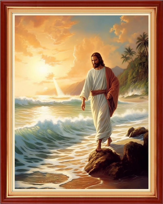 Joyhoor Cross Stitch Kits for Beginners Stamped Cross-Stitch Supplies Needlework preprint Embroidery Kits for Adults DIY Needlepoint Kits Embroidery Patterns 11CT-Jesus by The Seaside 16x20 inchs