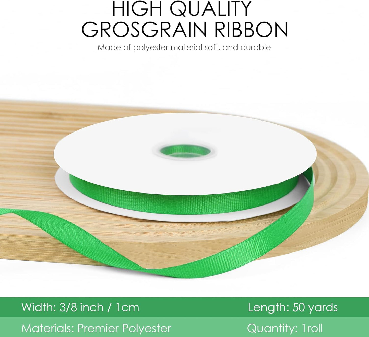 50 Yards 3/8 inch Grosgrain Ribbon, Solid Color Fabric Ribbon Perfect for Gift Wrapping, Wedding, Handmade Bows, Floral Bouquets and Party Decoration(Green)