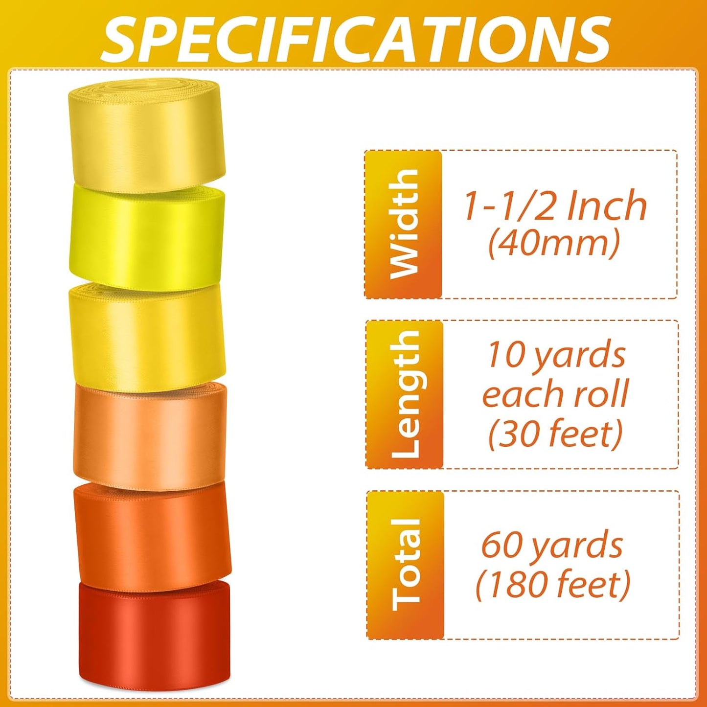 1-1/2 Inch Orange Satin Ribbons for Crafts, 6 Rolls Single-Faced Orange Assorted Ribbons for Gift Wrapping Flower Bouquet Wedding Invitations Bridal Shower Hair Bows Garland Party Decor