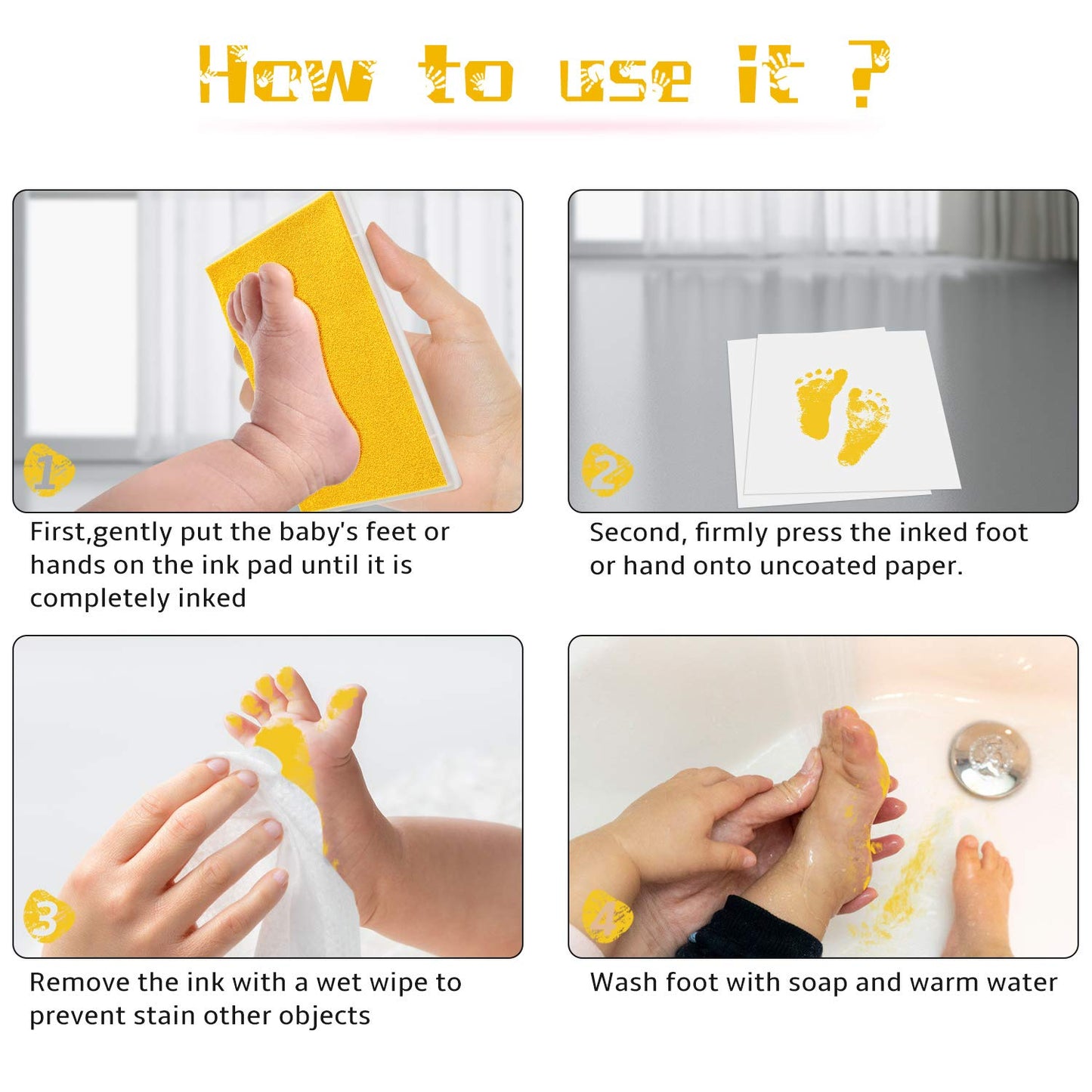 Ink Pad, 5x4'' Washable Non-Toxic Ink Stamp Pad for Baby Footprint Handprint, Yellow
