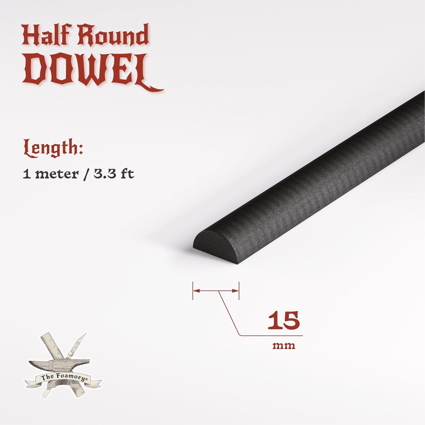 The Foamory's No Waste Half Round EVA Foam Dowel. 3 Pack of 5-25mm x 1M High-Density Black Craft Foam Sticks. Pre-Cut, Paint Ready for Cosplay Armor Trim, Weapon and Costume Design. Time Saving Bevel
