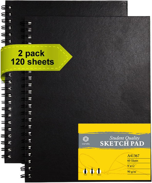 conda 9"x12" Sketch Book Set, 2 Pack, 120 Sheets, Spiral Bound Marker Pad, Durable Acid Free Sketchbook Mixed Media for Beginner Kids Adults Artists