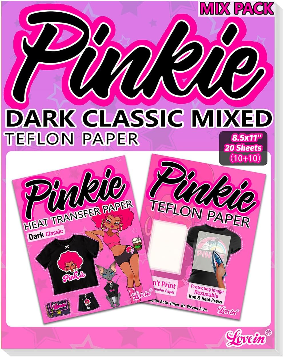 Lovein-Pinkie Heat Transfer Paper for Dark Fabric, Iron on Transfer Paper for Inkjet Printer & Teflon Sheets for Heat Press Machine (Mix Pack, 20 Sheets, 8.5x11'')