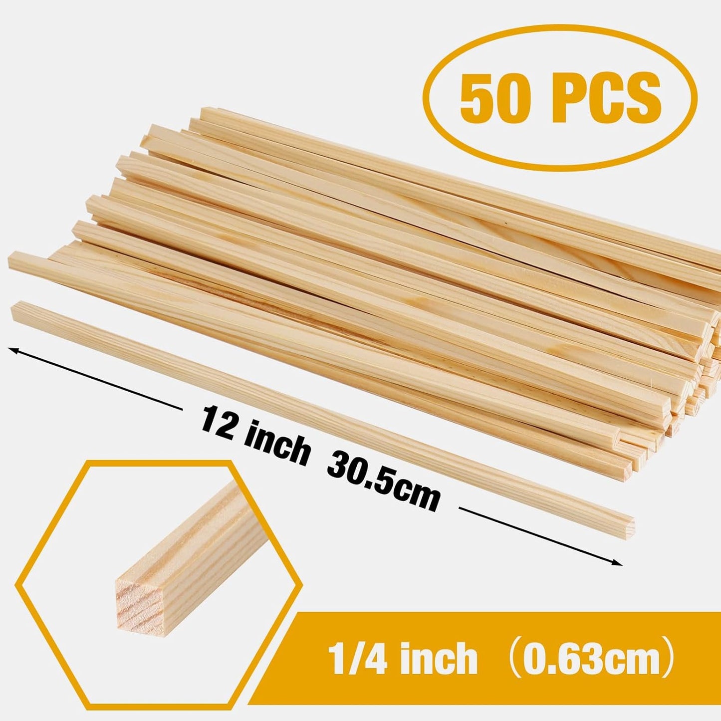 Square Wood Dowels Wooden Dowel Rods for Crafting 1/4"x 12", 50 PCS Square Wooden Sticks for Crafts, Unfinished Pine Hardwood Sticks for Models Making Miniatures Woodworking Dollhouses
