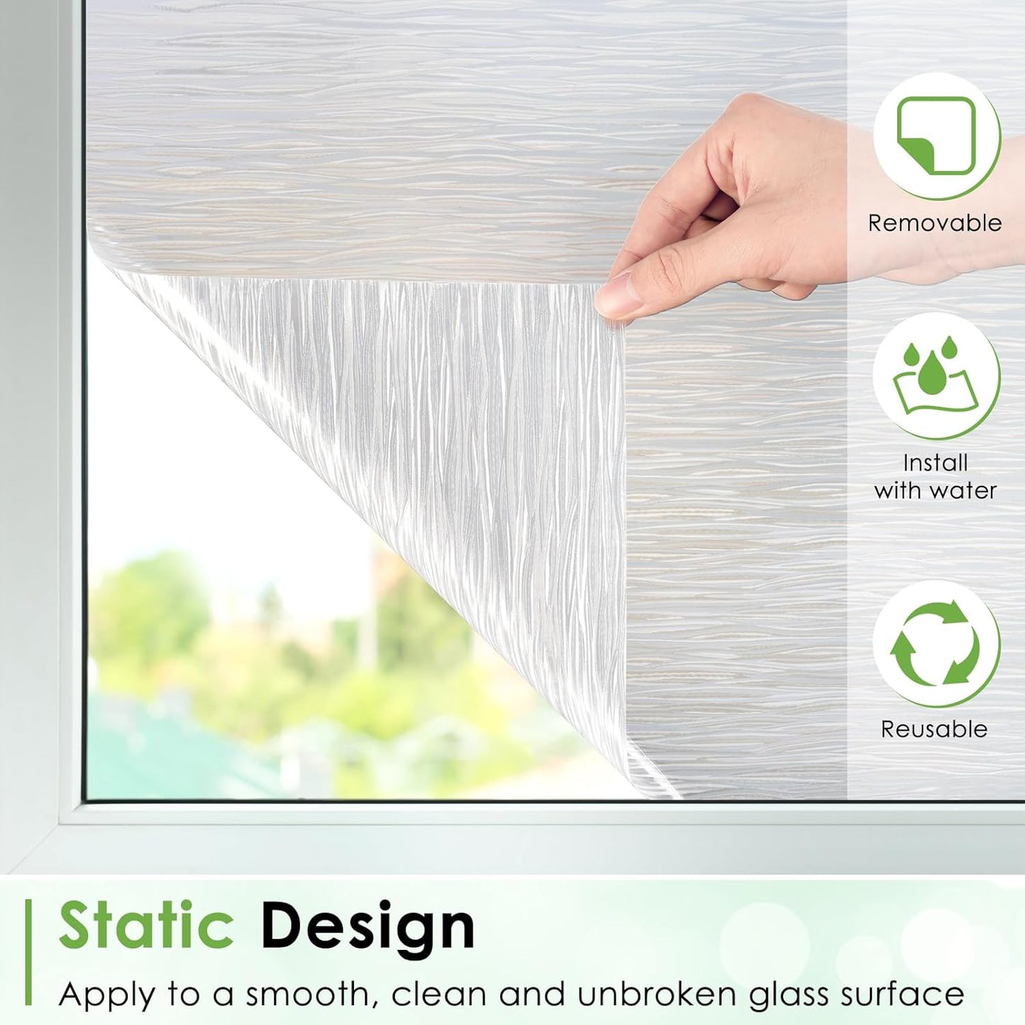 Homein Window Privacy Film, Frosted Glass Window Film Decorative, Non Adhesive Glass Clings, Static Cling Door Coverings, UV Blocking Privacy Sticker for Home, Pure Wave, 17.5 x 157.4 inches