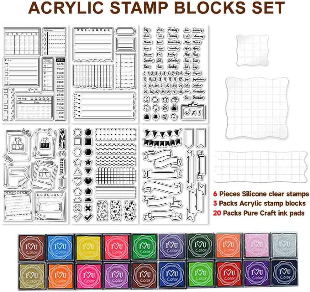 29 Pcs Journal Stamps for Crafting Card Making Supplies Set Include 3 Acrylic Clear Stamp Blocks, 6 Clear Silicone Stamps Seals, 20 Craft Ink Pads Calendar Planner Stamp for DIY