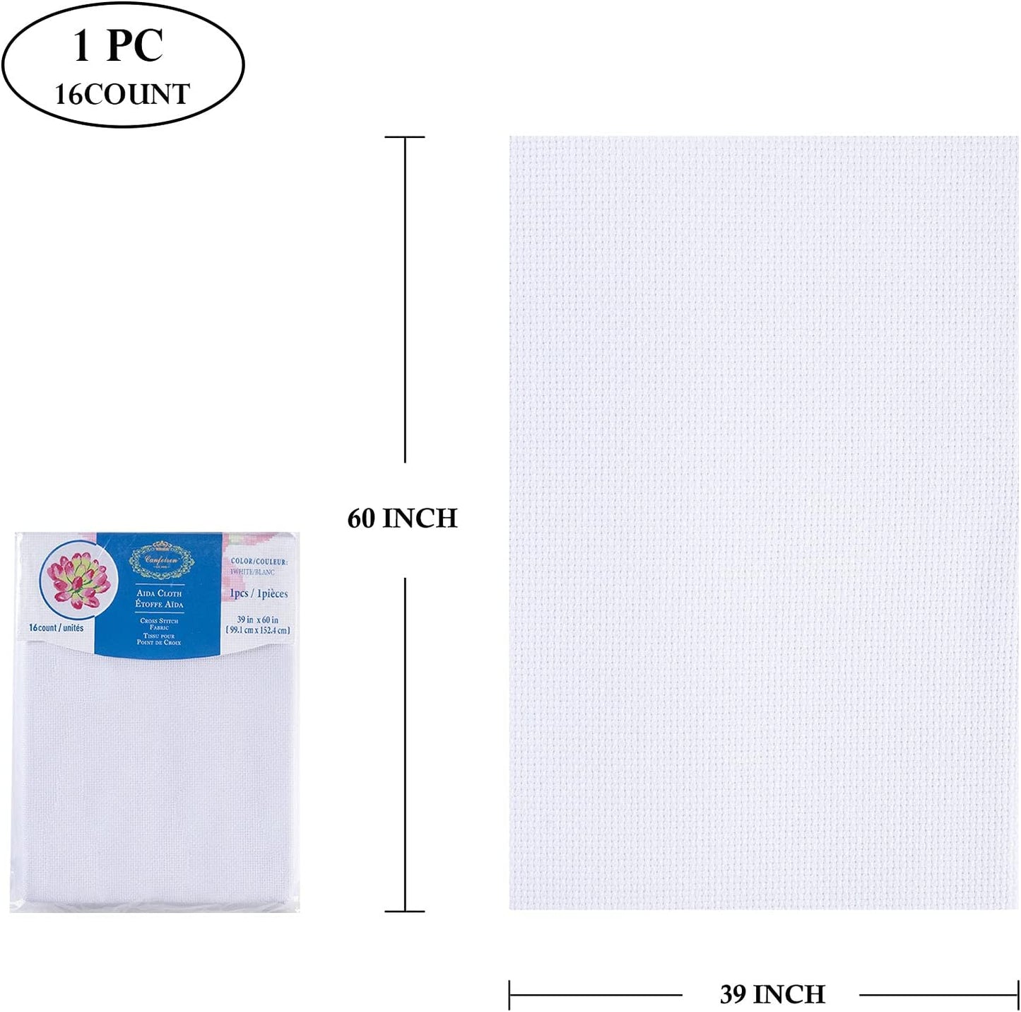Aida Cloth Big Size 16 Count, White Cross Stitch Fabric, 39 inch by 60 inch