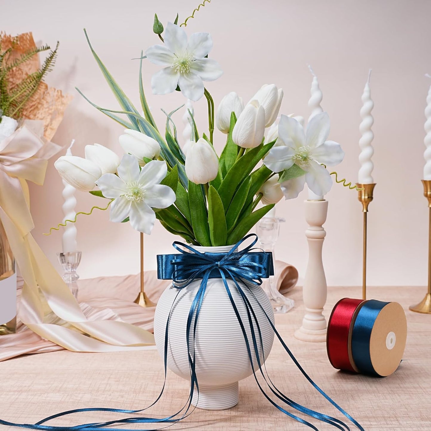 LaRibbons Navy Satin Ribbon 3/8 Inch 50 Yards Thin Luxury Double Faced Blue Silk Ribbon for Flower Bouquet Crafts Gift Wrapping Wedding Bow Decoration