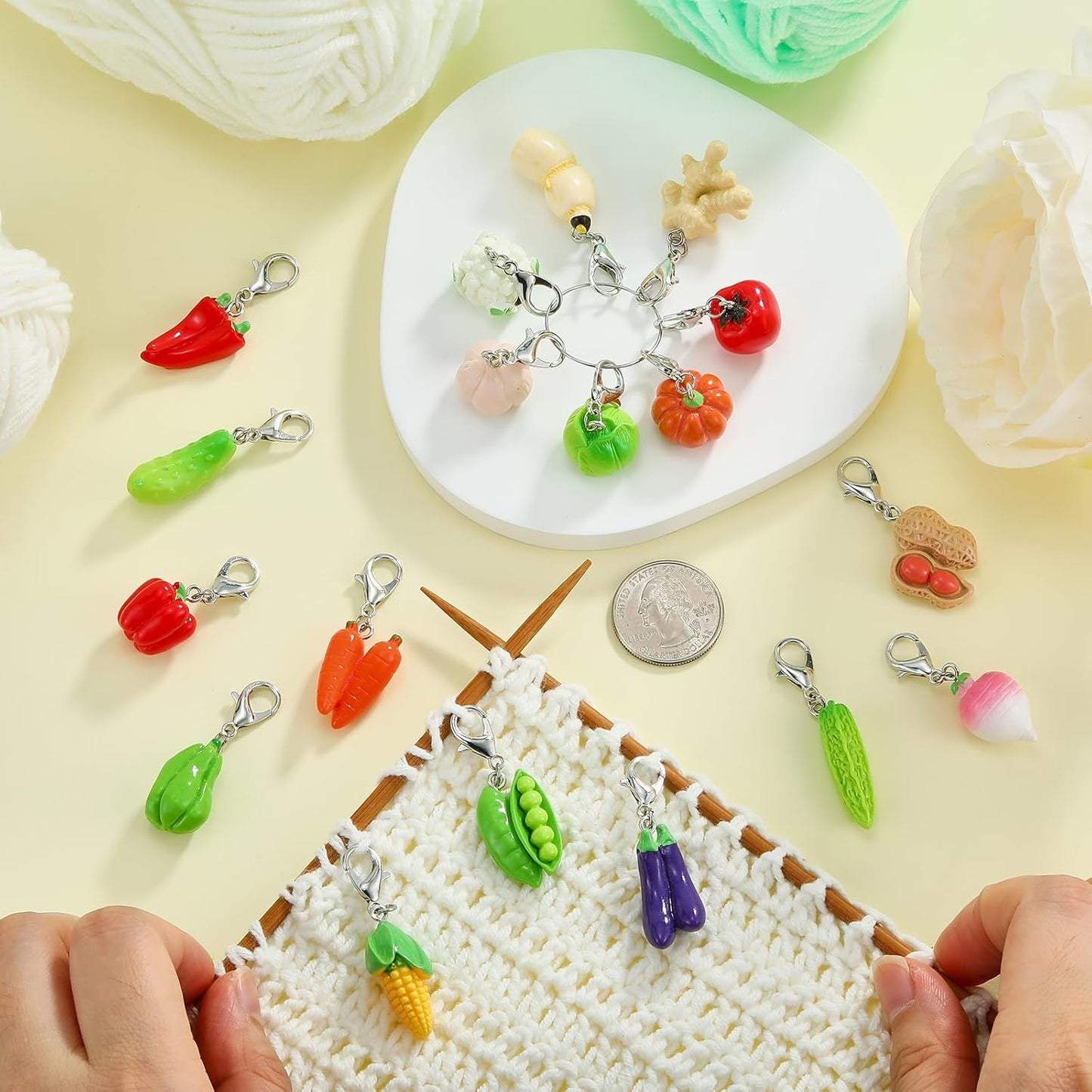 BEEFLYING 18Pcs Vegetable Stitch Marker Charms for Crocheting and Knitting, Resin Plant Crochet Knit Stitch Marker Pendant with Lobster Clasp for Sewing Quilting Handmade Jewelry