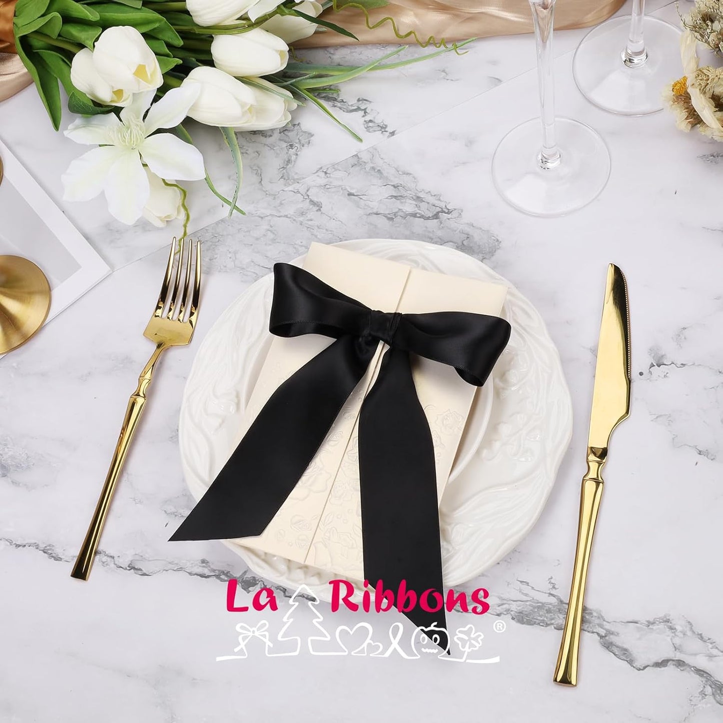 LaRibbons Black Satin Ribbon 1 1/2 Inch 50 Yards Double Faced Red Silk Ribbon for Flower Bouquet Crafts Gift Wrapping Bow Christmas Decoration