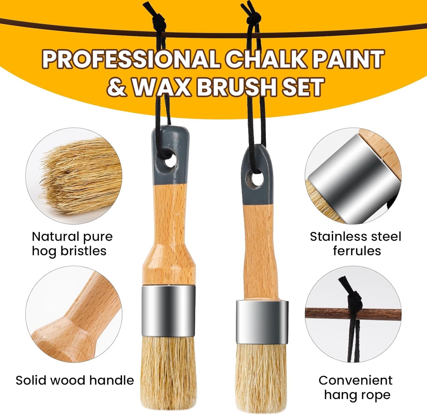 Chalk Paint Brush, 2 Pack Wax Brushes and Chalk Paint for Furniture DIY Art Crafts, Natural Bristle Round Oval Brush for All Painting and Waxing