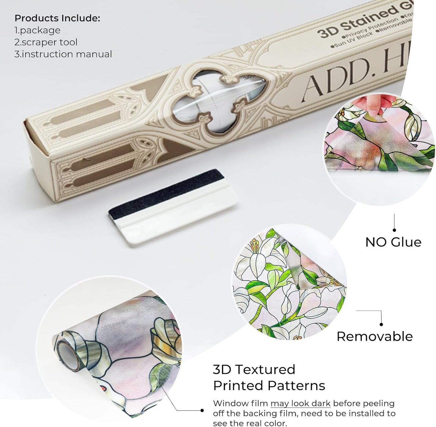 3D Stained Glass Window Film, Decorative Window Privacy Film for Bathroom,Front Door,Home, Sun Blocking Heat Control,Static Cling, White Lily 23.6inch x 35.4inch