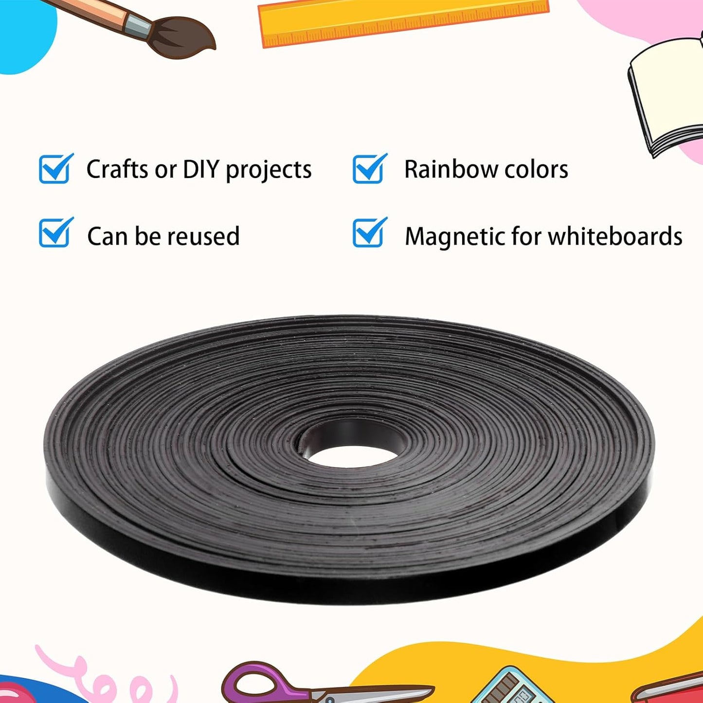 Magnetic Tape Roll Thin Strips, 0.39 Inch x 66 Feet Magnetic Board Dividers Whiteboard Graphic Decorative Tape Marking Line for Classroom Office Art Accessories(Black)