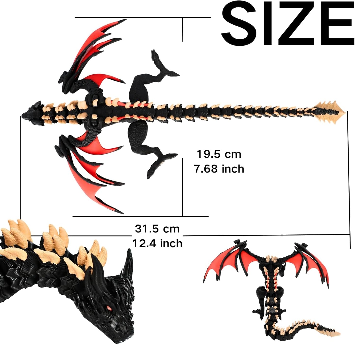 3D Printed Dragon - 12 inch Flying Flexible Dragon with Wings, Home Decor, Birthday Gift, Desk Pet(Red Black-Dragon)