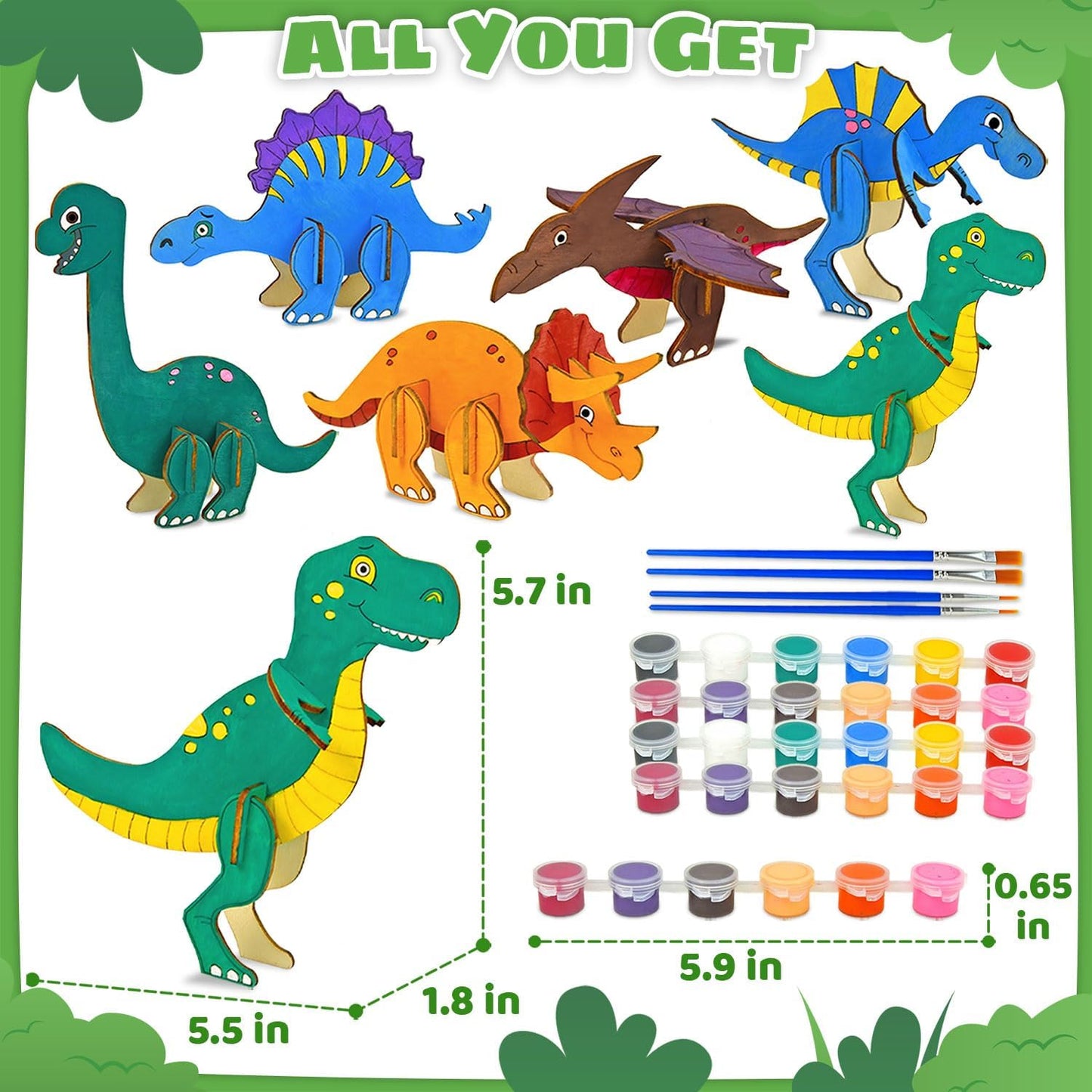 Vileafy Wooden Dinosaur Crafts for Kids Ages 4-8, 3D DIY Painting Kit with 6 Dinosaurs, Brushes & Paint -Arts and Crafts - Preschool Activity and Gift for Boys and Girls