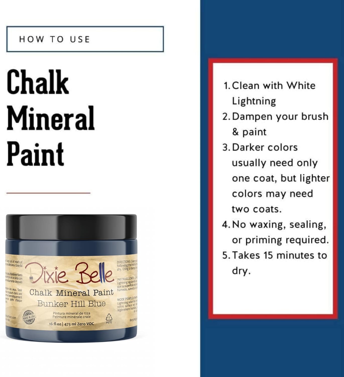 Dixie Belle Paint Company Chalk Finish Furniture Paint - Bunker Hill (16oz) - Matte Indigo Blue Chic Chalk Mineral DIY Furniture Paint