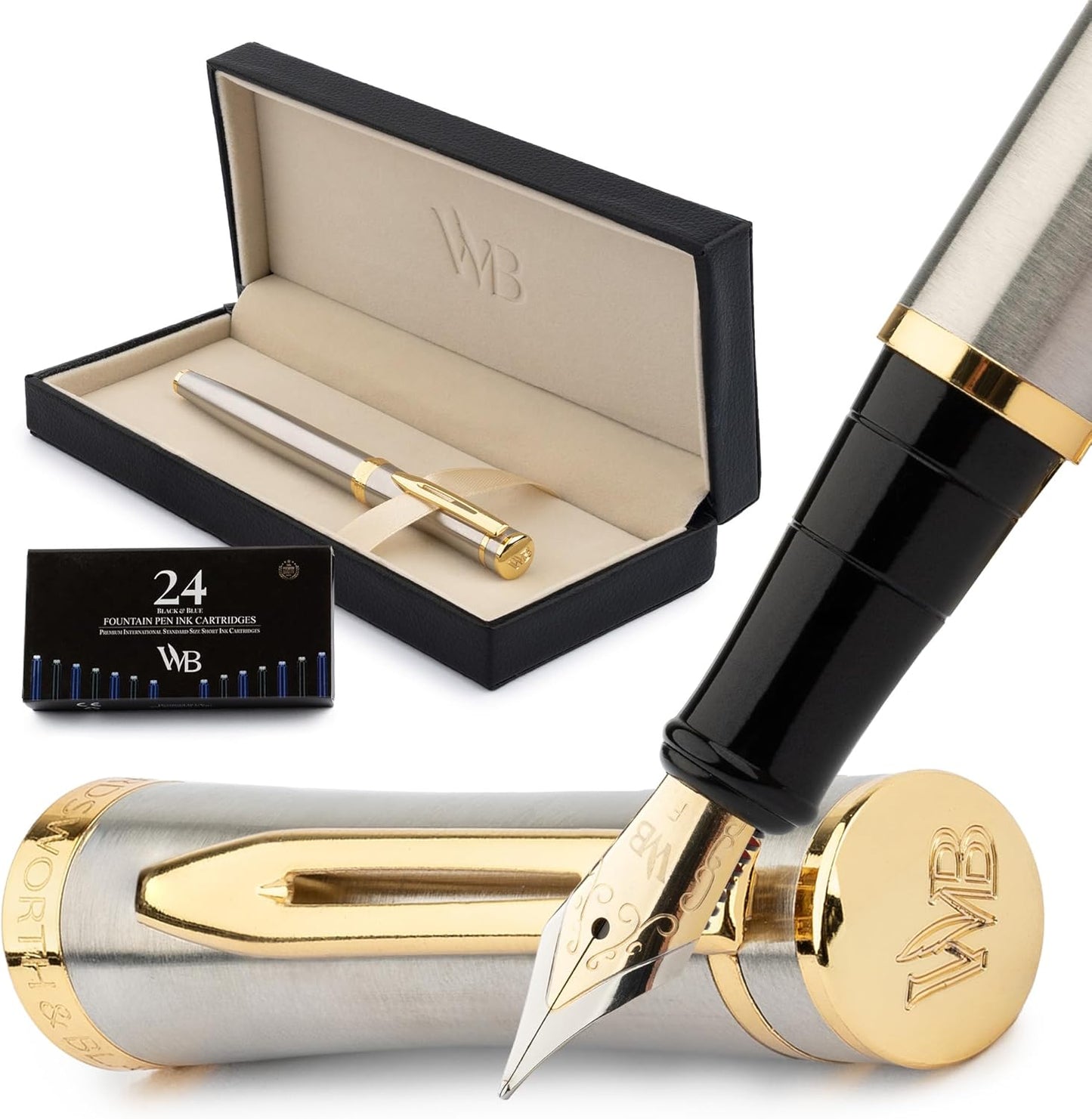 Wordsworth & Black Fountain Pen Set, 18K Gilded Fine Nib, Includes 24 Pack Ink Cartridges, Ink Refill Converter & Gift Box, Gold Finish, Calligraphy, [Silver Gold], Perfect for Men & Women