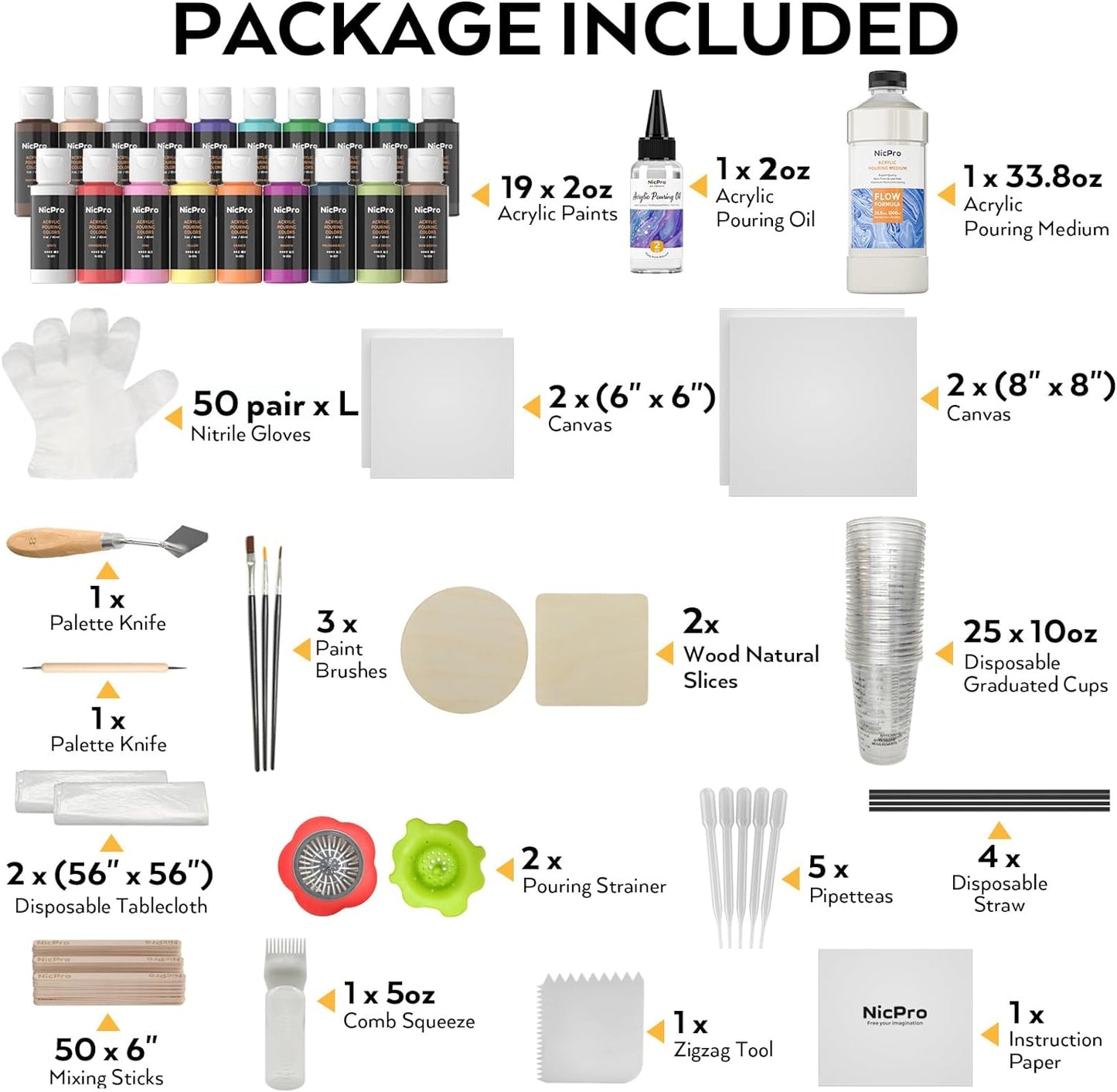 Nicpro Acrylic Pouring Kit, Artist Starter Supplies Including 19 Colors Acrylic Paints,Pouring Medium, Silicone Oil, Canvases, Gloves, Strainers, Mixing Stick, Instructions for Flow DIY Painting